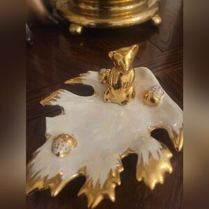 Vintage Holley Ross 22k Gold Leaf Trinket Dish Bear, and Acorns